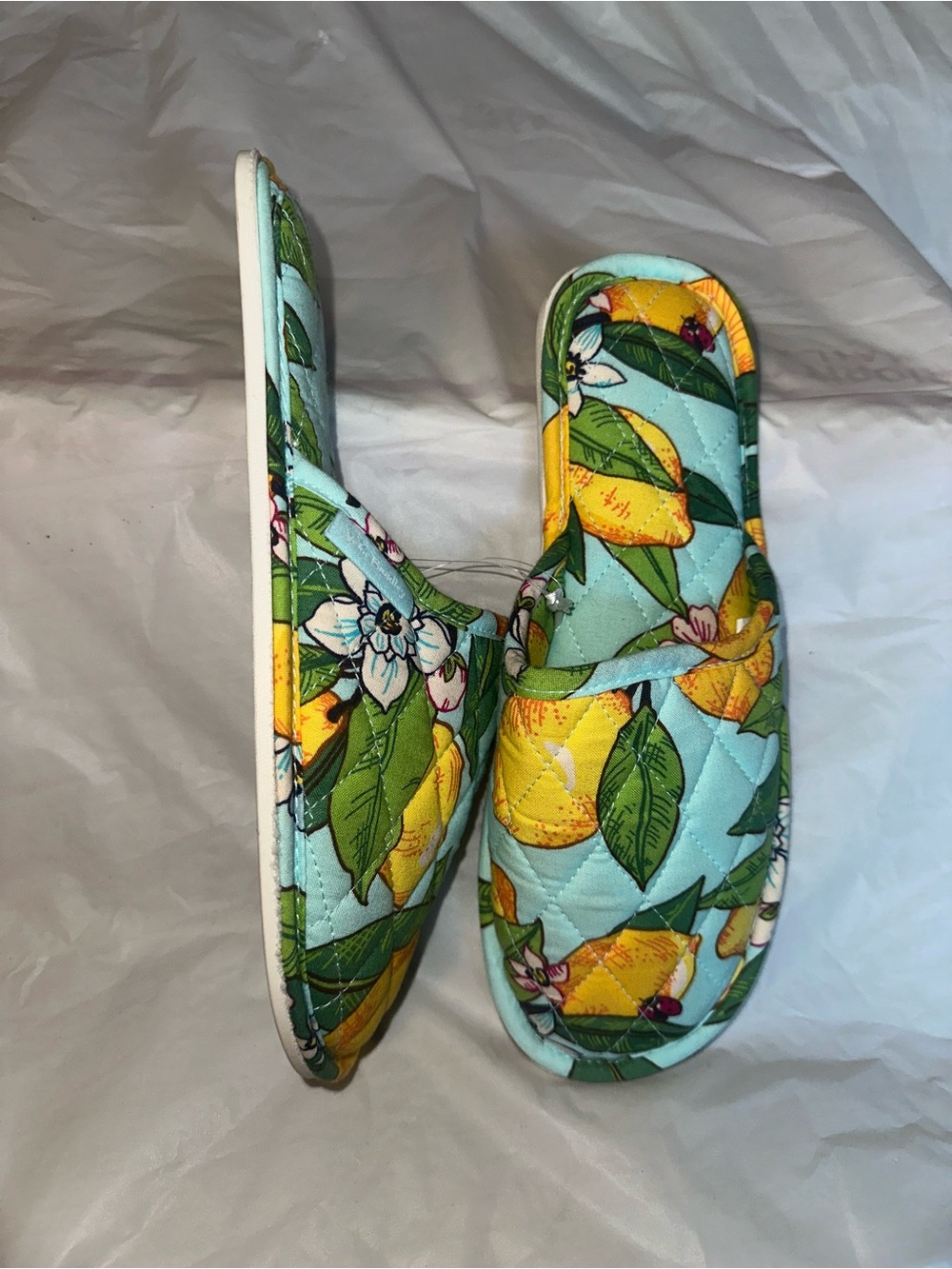 Vera Bradley Women’s Lemon-Print Quilted Slide Slippers - Aqua/Yellow. - Picture 3 of 3